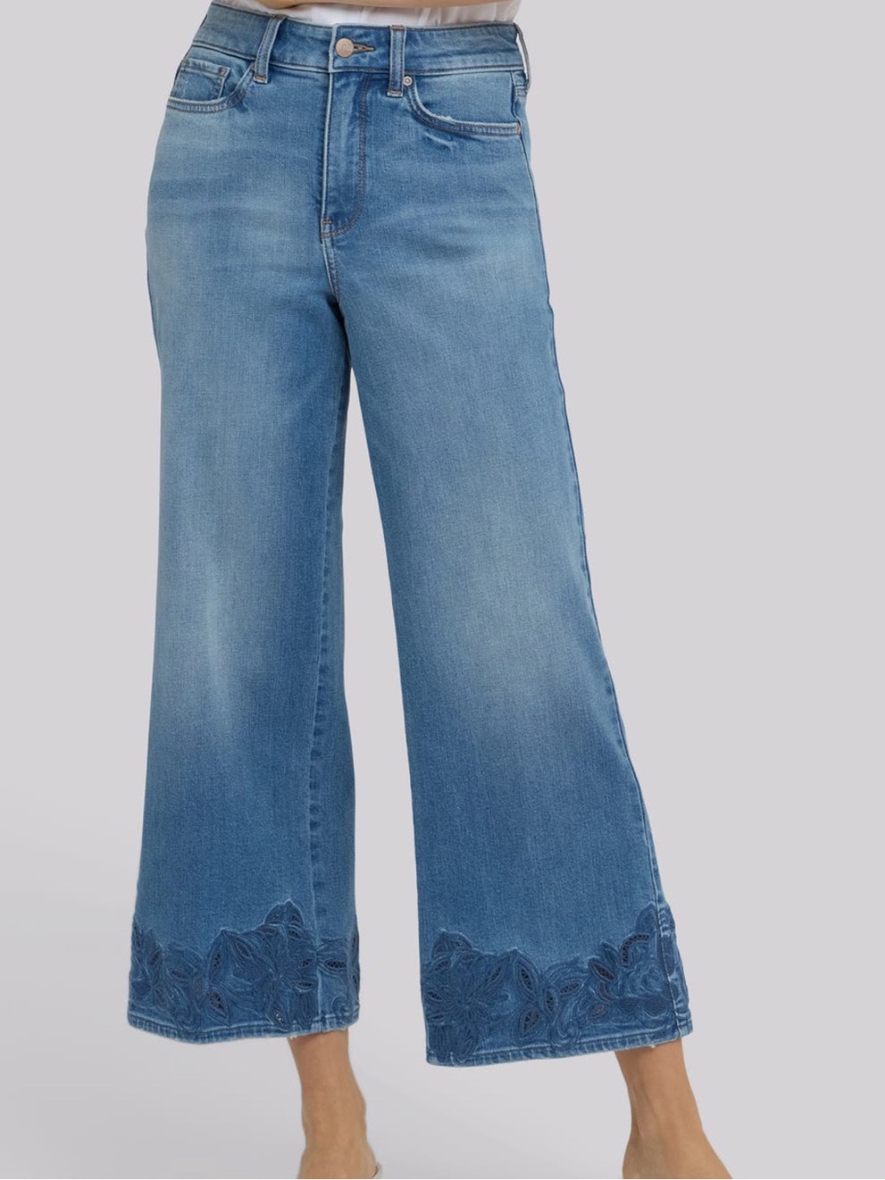 NYDJ Blue Cropped Wide-Leg Jeans with Embroidered Hem